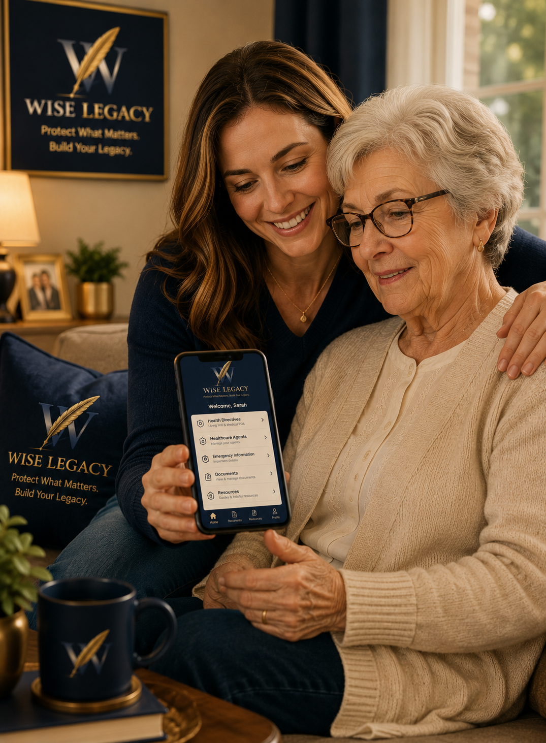 A daughter and her mother using Wise Legacy health directives on a phone