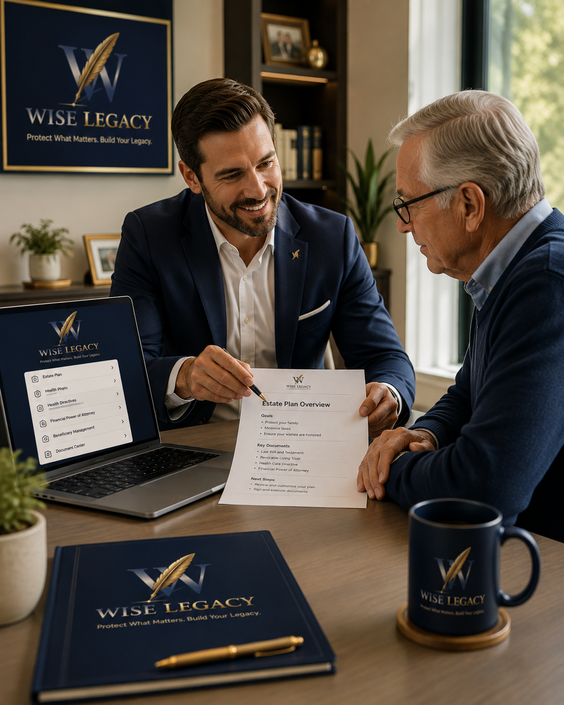 An advisor reviewing an estate plan with a client using Wise Legacy