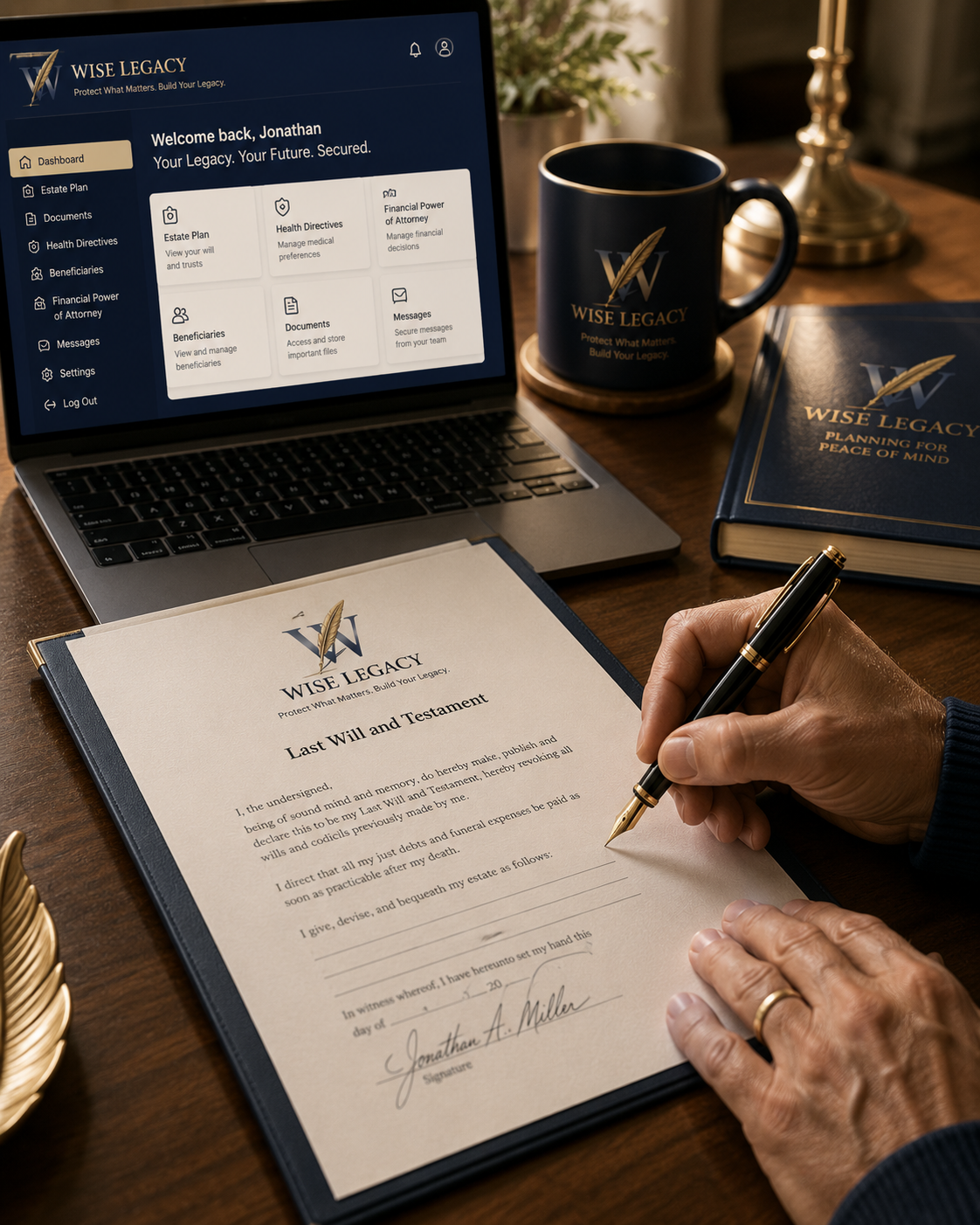 Signing a Last Will & Testament beside the Wise Legacy dashboard