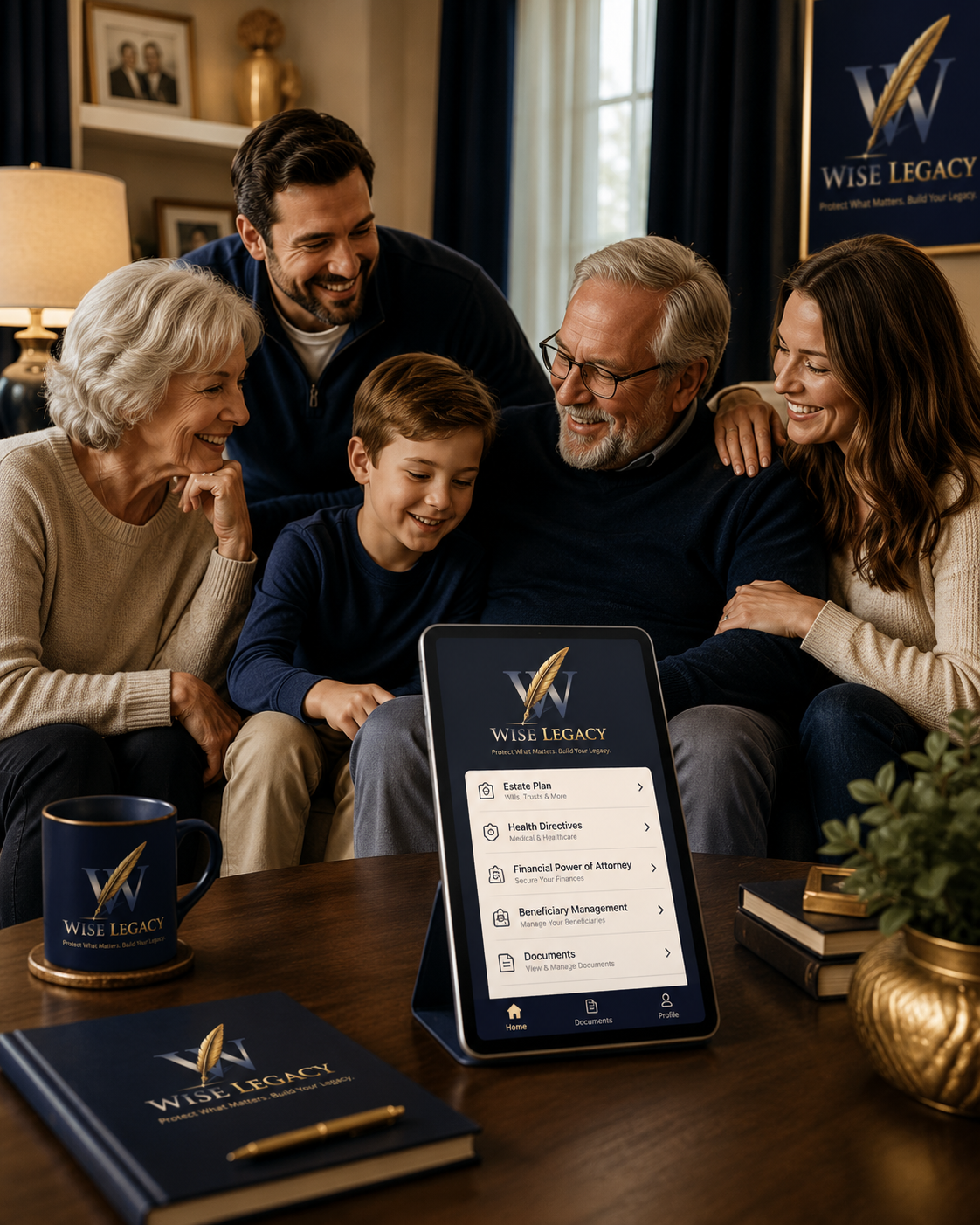 A family gathered around the Wise Legacy estate-planning app